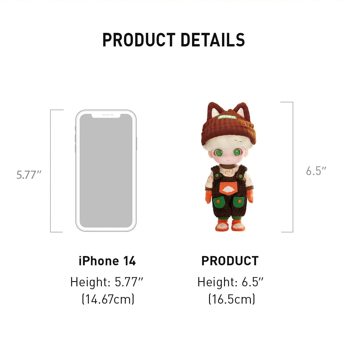 Toy figure with fox hat and boots in a forest setting, with product details and size comparison to iPhone 14.