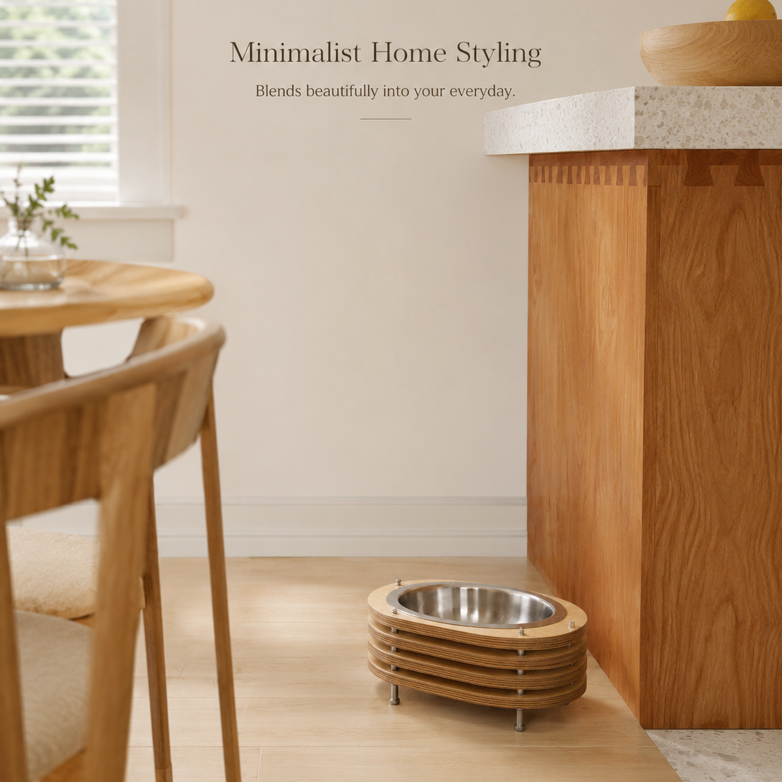 Minimalist home interior with wooden furniture and a metal pet bowl.