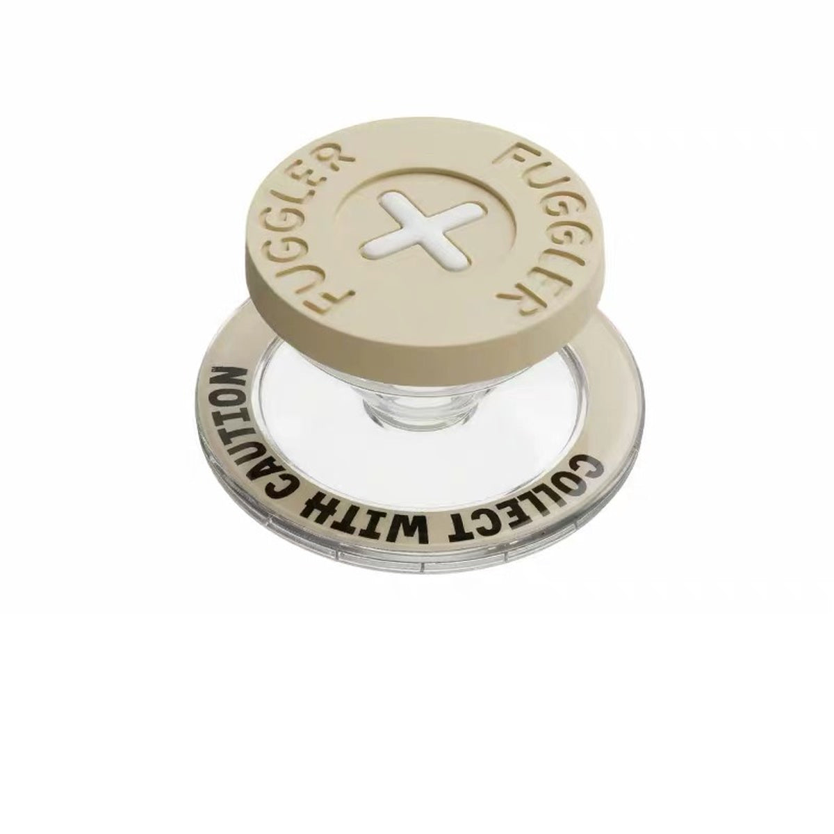 Fuggler beige button phone grip stand with magnetic ring on white background