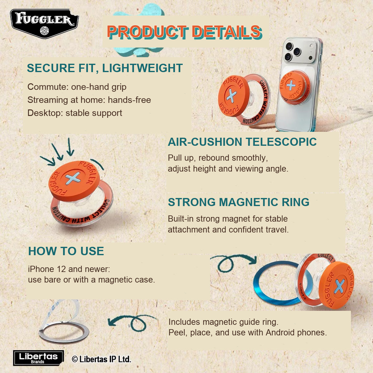 Fuggler button phone holder English product details showing magnetic ring and telescopic grip stand