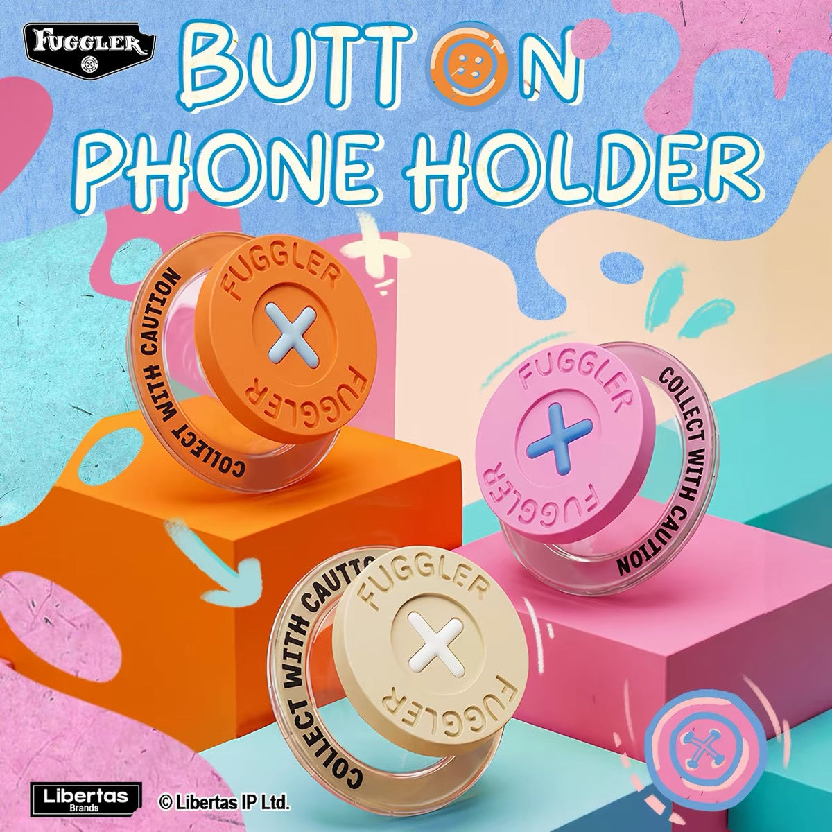 Fuggler button phone holder grip stand in orange beige and pink colors