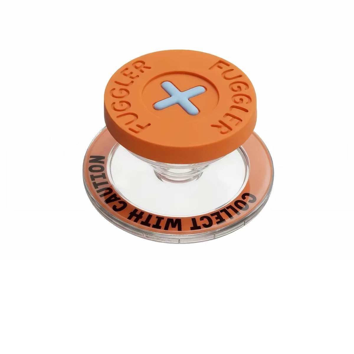 Fuggler orange button phone grip stand with magnetic ring on white background
