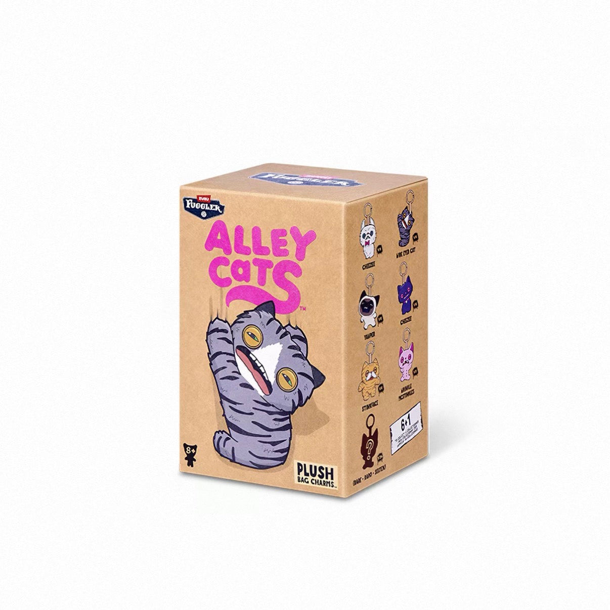 A cardboard collectible box for Plush Alley Cats, featuring a cartoon gray cat illustration and pink 'ALLEY CATS' text on a clean white background.