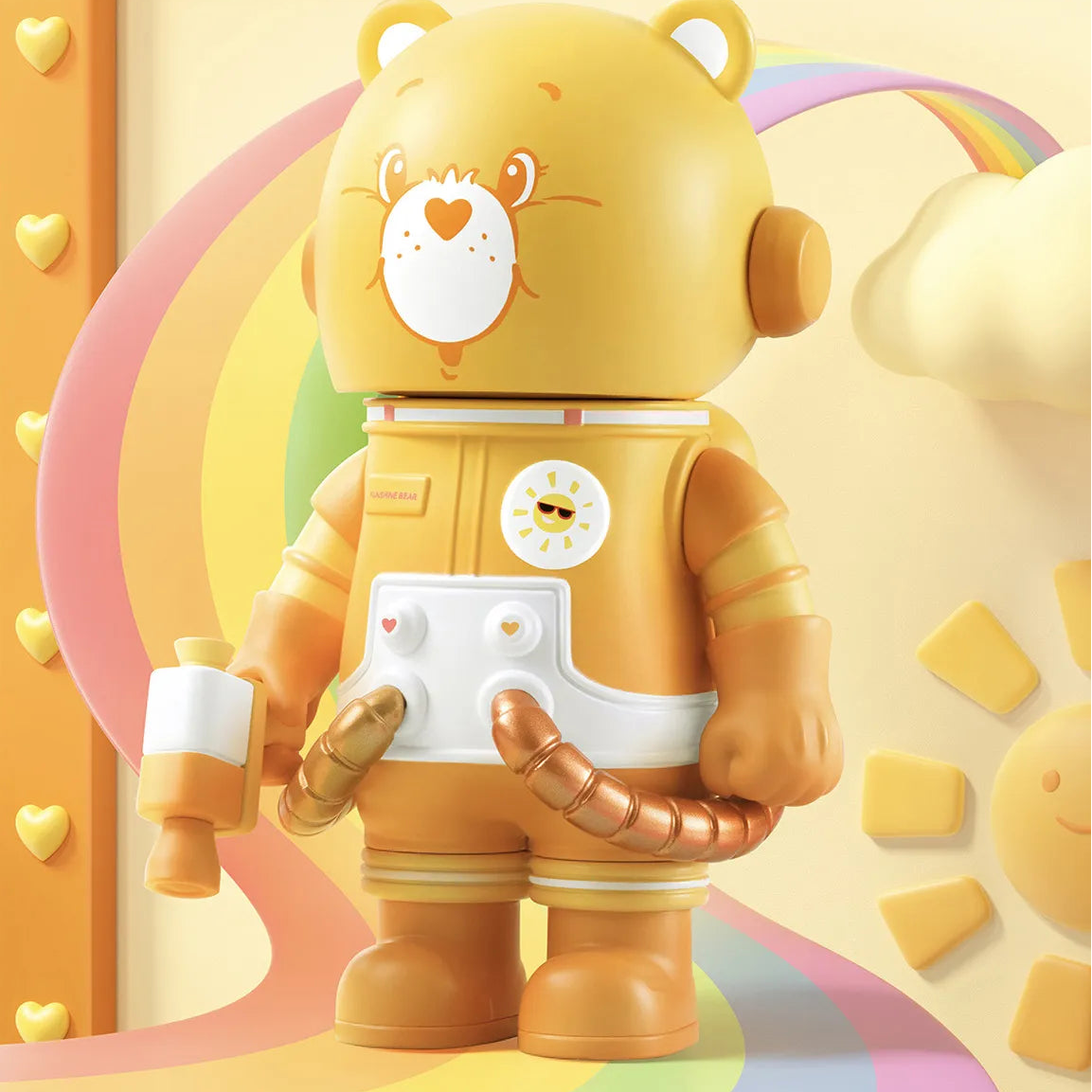 Toy figure of a bear in an astronaut suit with a colorful background