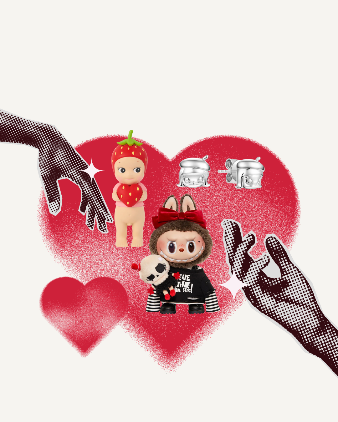 Illustrations of dolls, earrings, and a heart on a white background