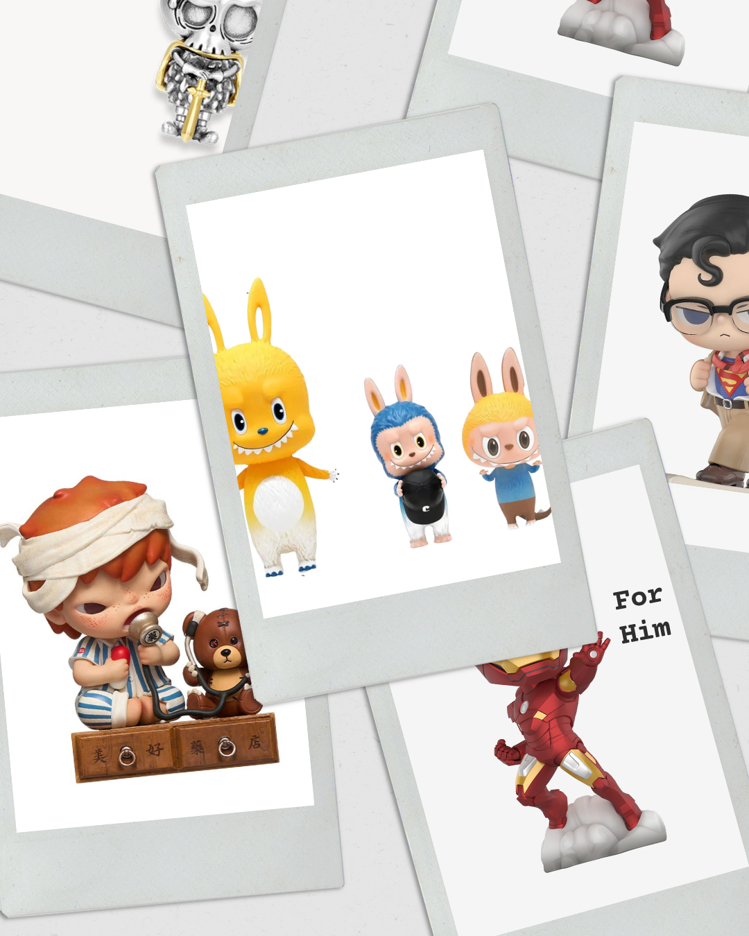 Collection of small figurines and toys displayed on a white background