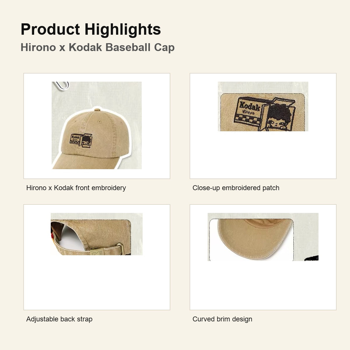 Hirono x Kodak Baseball Cap product highlights embroidery strap and brim