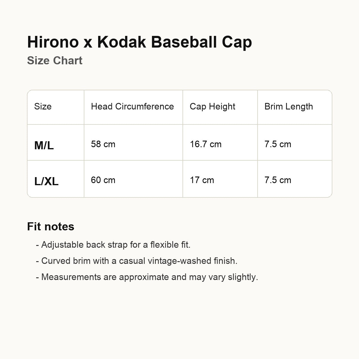 Hirono x Kodak Baseball Cap size chart M L and L XL