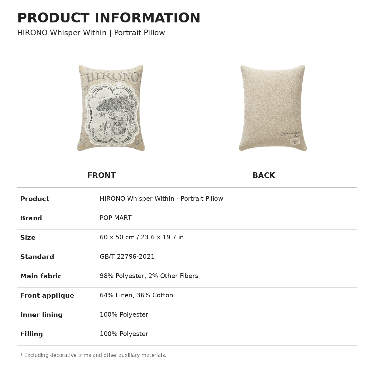 HIRONO pillow English materials and dimensions