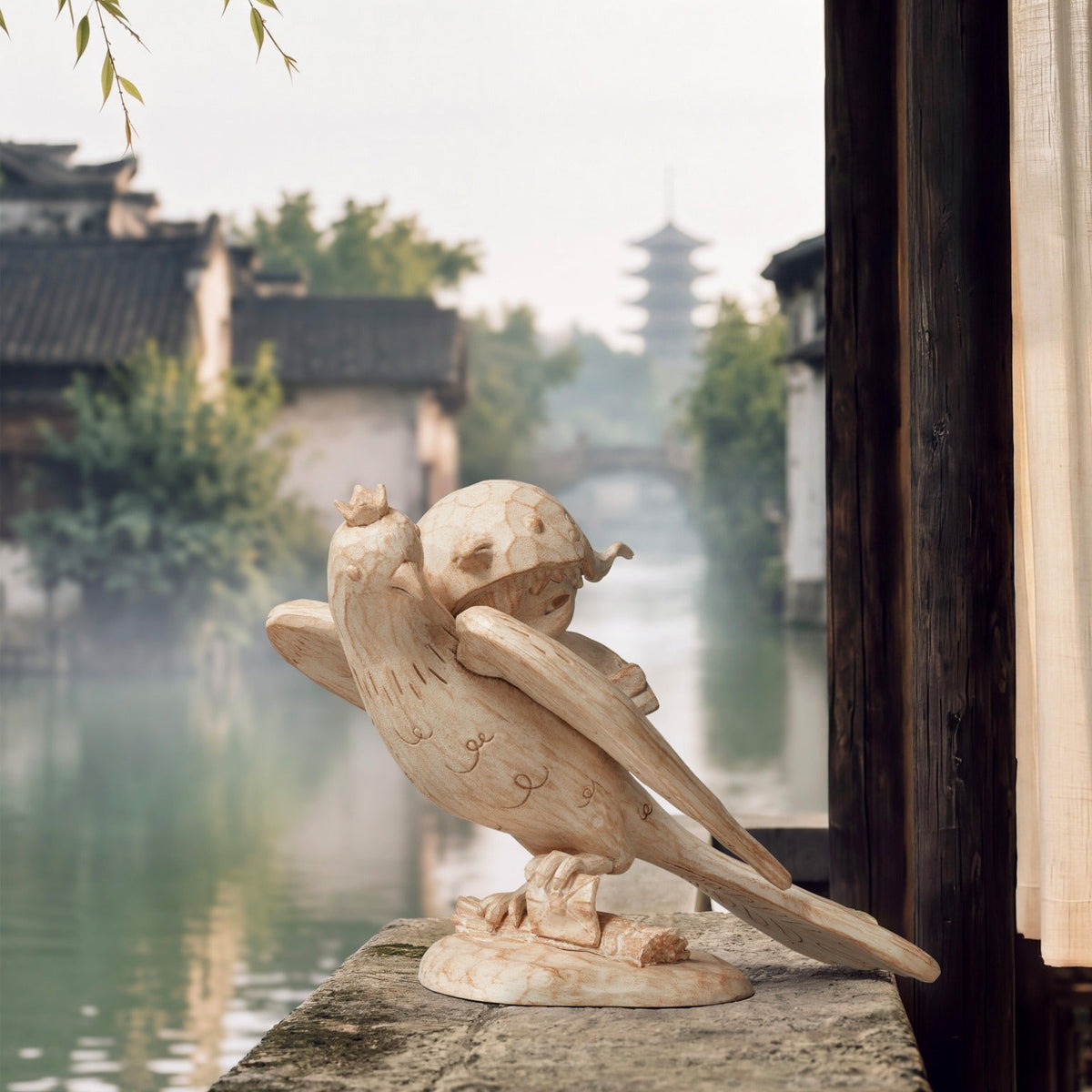 Hirono Temporary Mooring figure by POP MART beside a traditional waterside setting