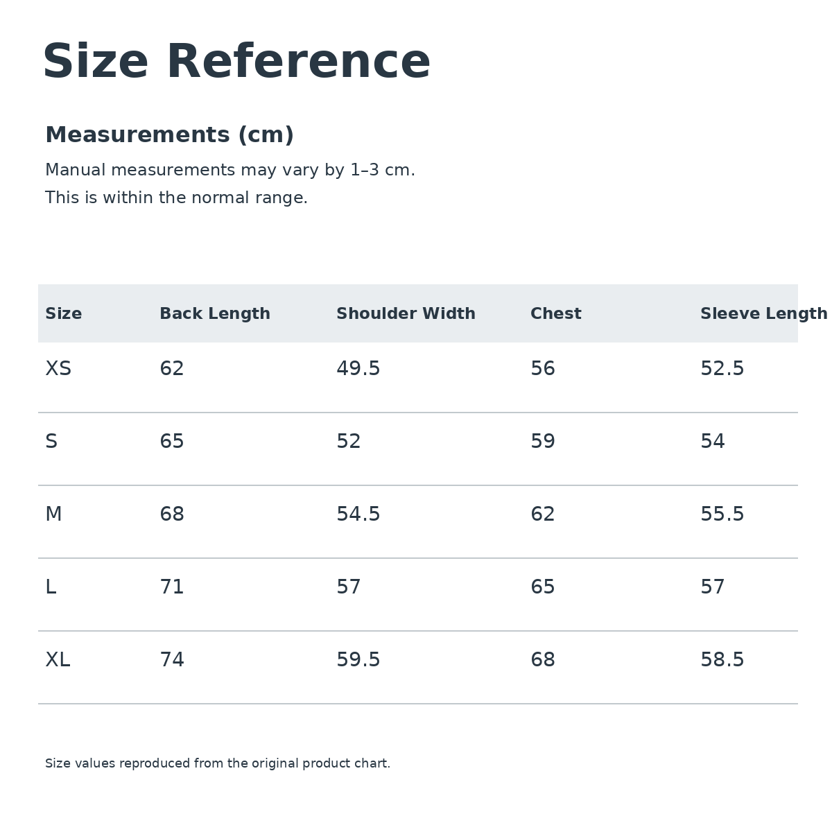 English size chart for HIRONO Whisper Within jacket