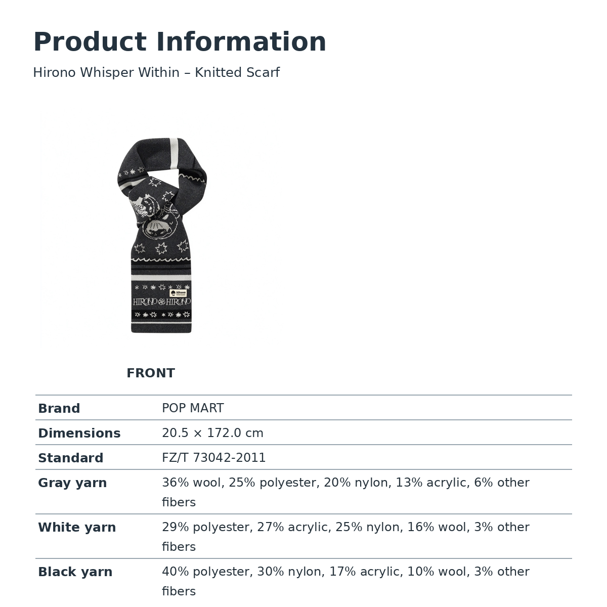 Hirono scarf English product specifications and size reference