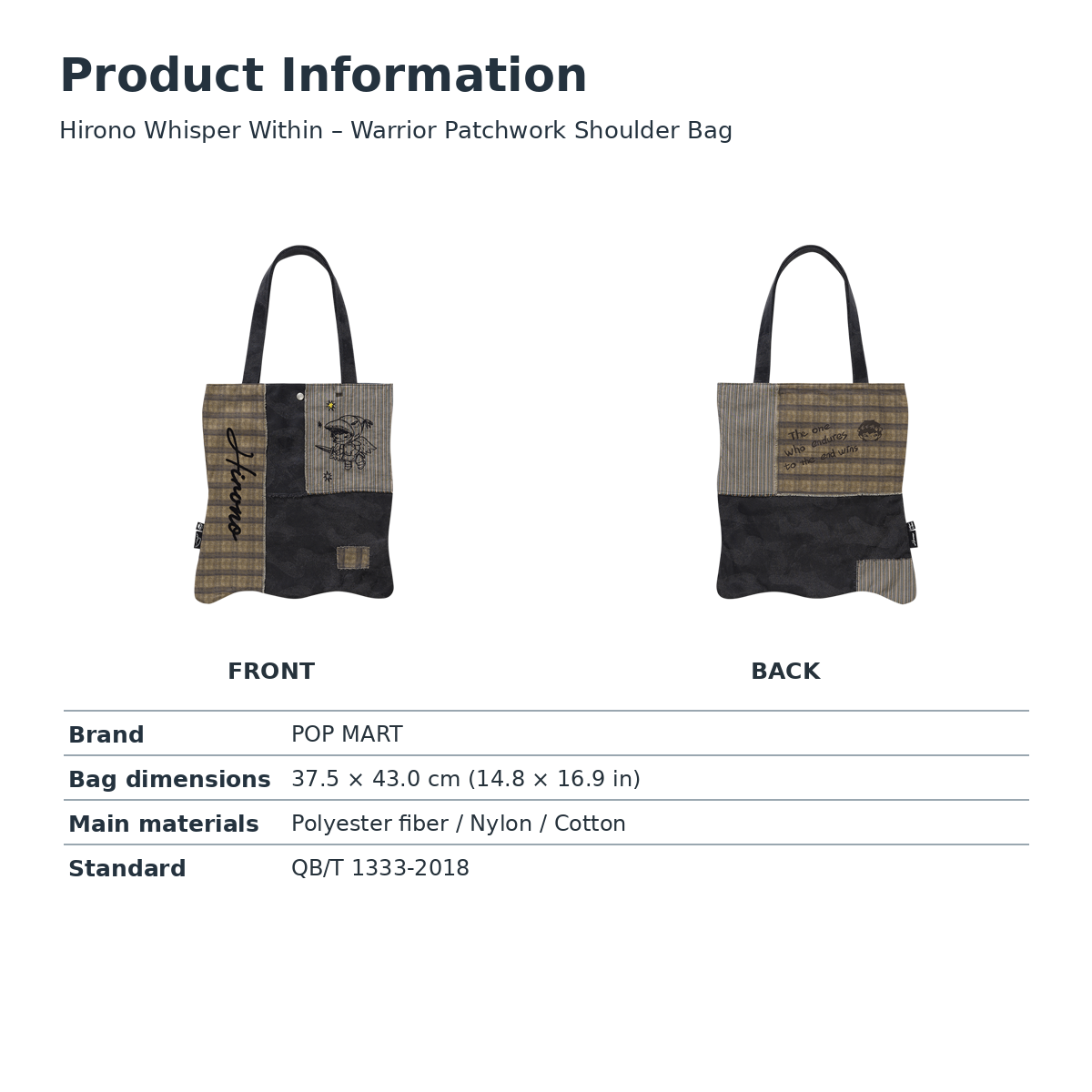 Hirono tote English product specifications and size reference