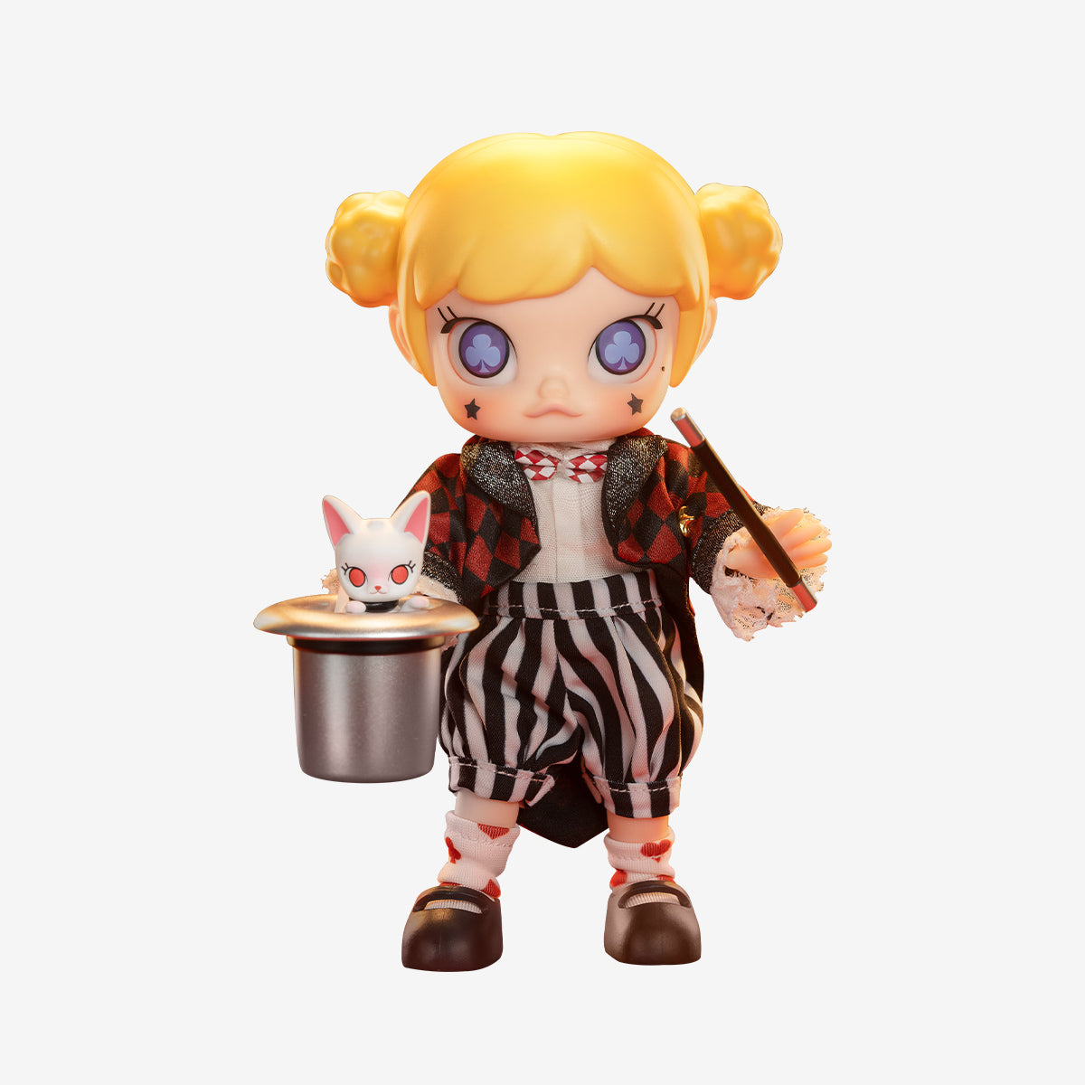 Toy figure with blonde hair and a cat on a white background