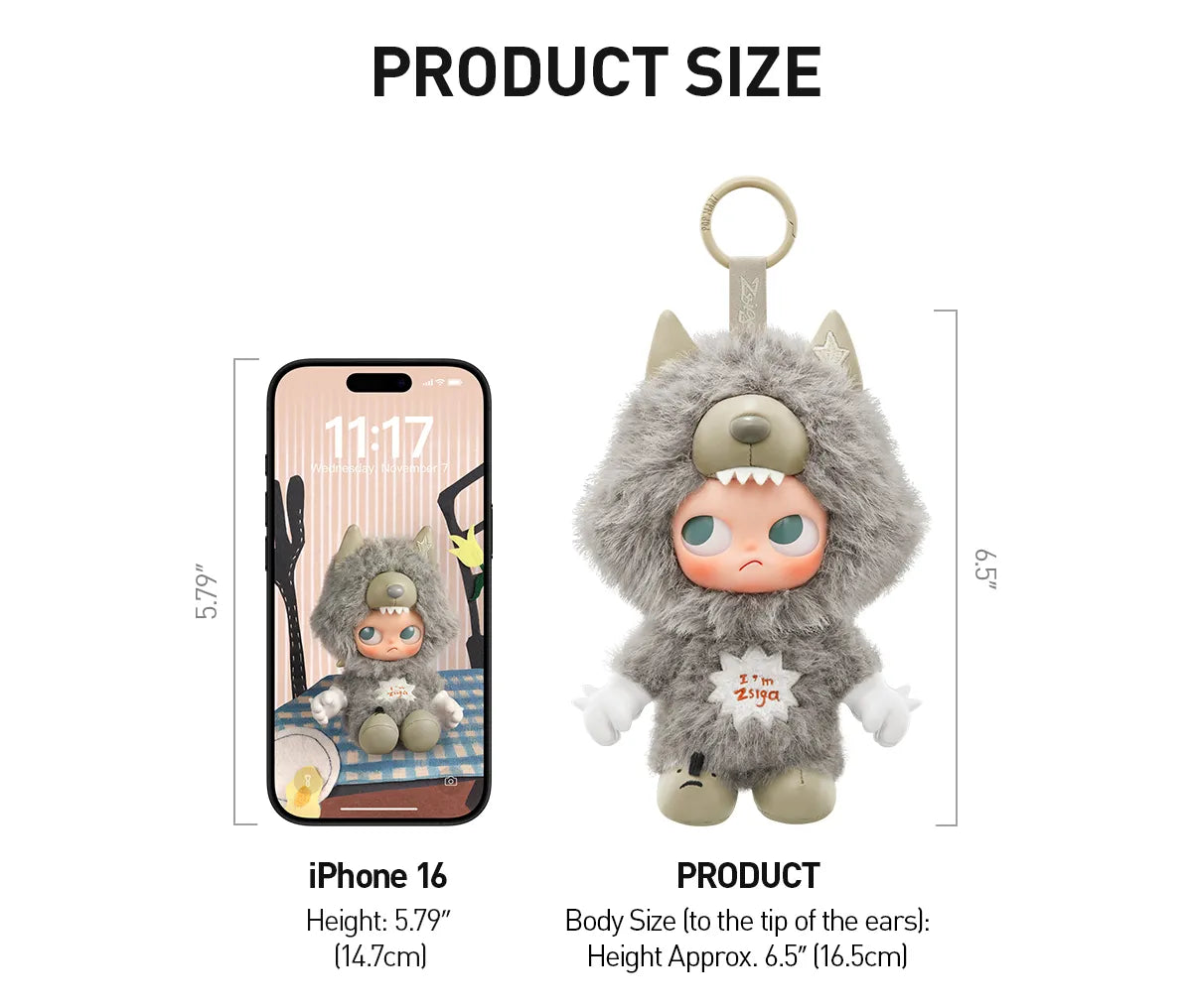 Plush toy with dimensions shown next to an iPhone 16
