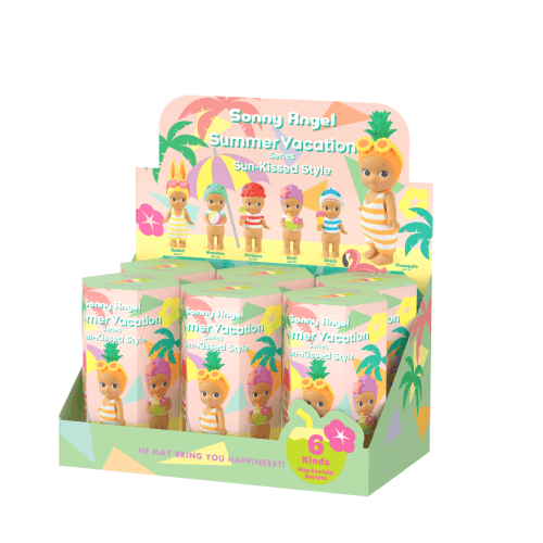 Display of toy figures with pineapple-themed packaging on a white background