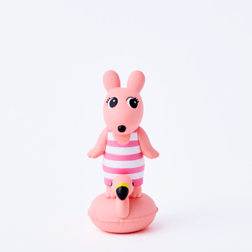 Two pink and white striped toy figures on a white background