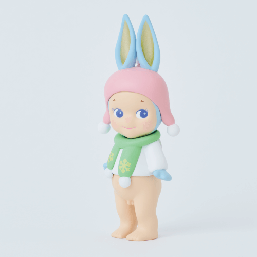 Two toy figures with bunny ears on a light gray background