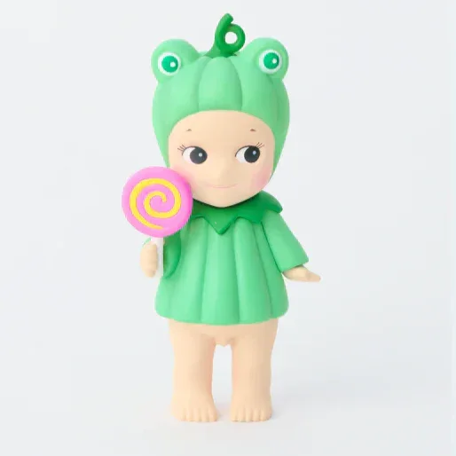 Two green character figurines with a white background