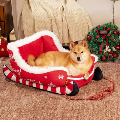 Christmas Sleigh Plush Cozy Dog Bed