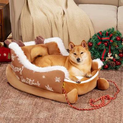 Christmas Sleigh Plush Cozy Dog Bed