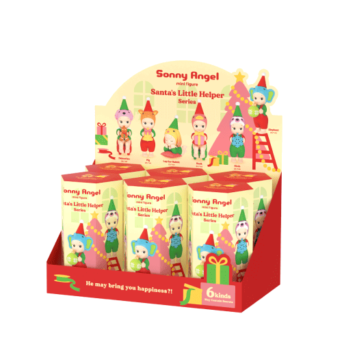Display of Sonny Angel Santa's Little Helper series packaging on a white background