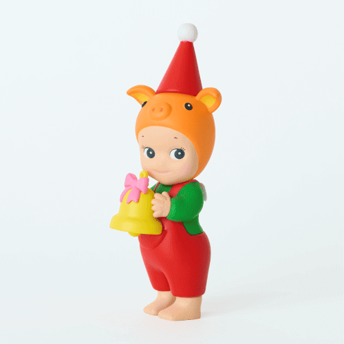 Two colorful toy figures with orange hair, red hats, and holding yellow objects on a white background.