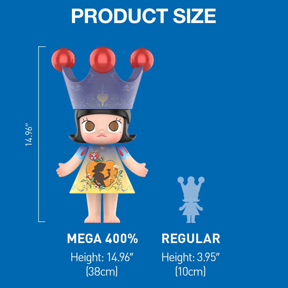 Product size comparison chart with a toy figure and measurements on a blue background