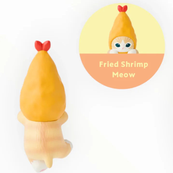 Two cartoonish shrimp-shaped figurines with labels indicating 'Fried Shrimp Meow' and 'Shrimp Tempura Meow 01' on a white background.