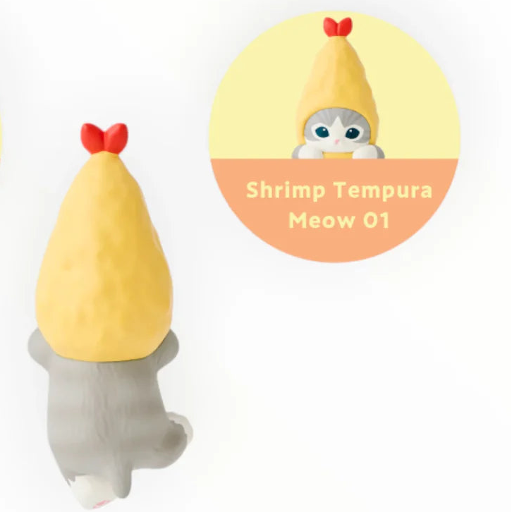 Two cartoonish shrimp-shaped figurines with labels indicating 'Fried Shrimp Meow' and 'Shrimp Tempura Meow 01' on a white background.