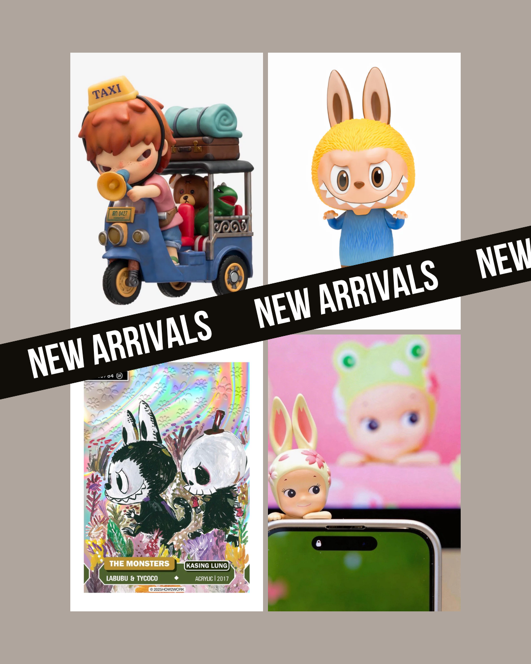 Promotional image of new toy arrivals with cartoon characters and text on ri-son