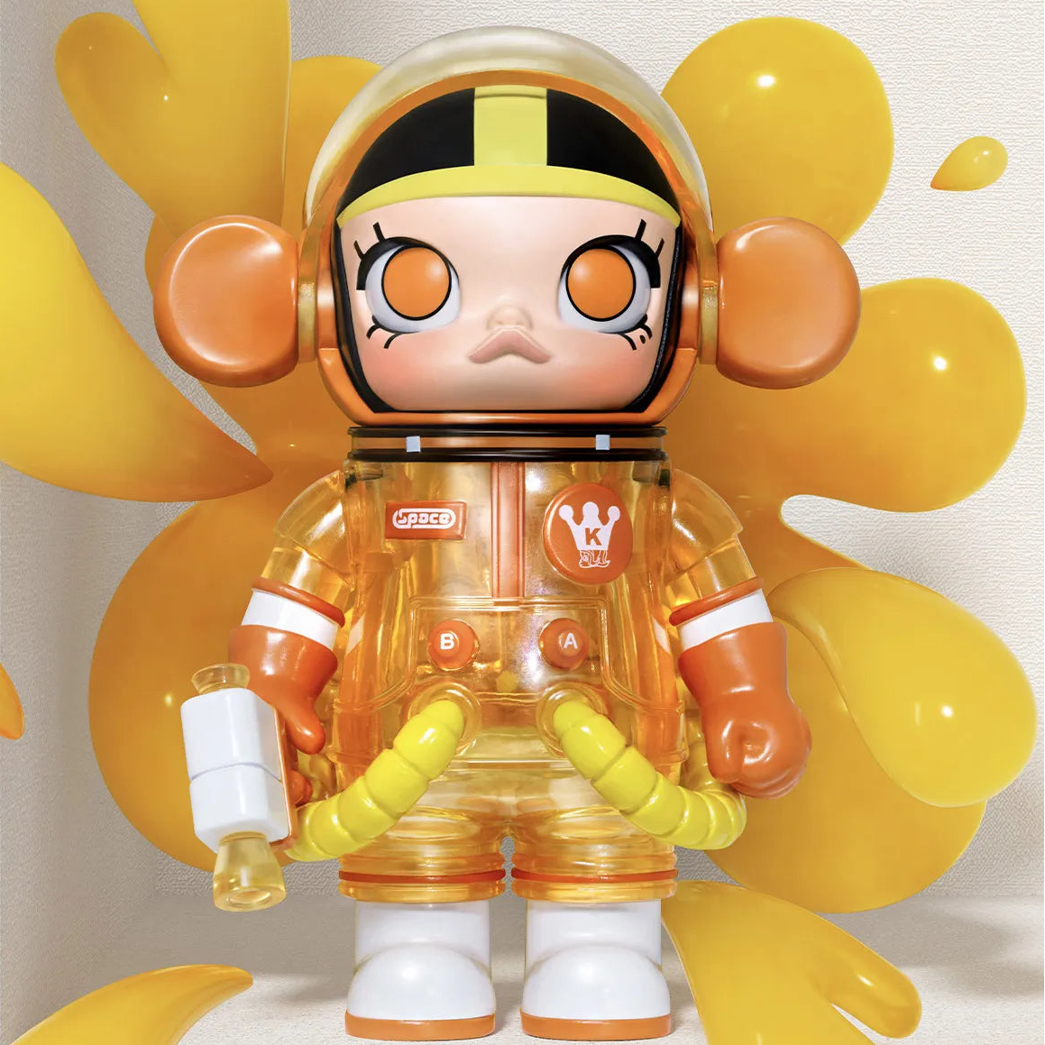 Toy figure in a transparent orange suit with yellow accents on a white background