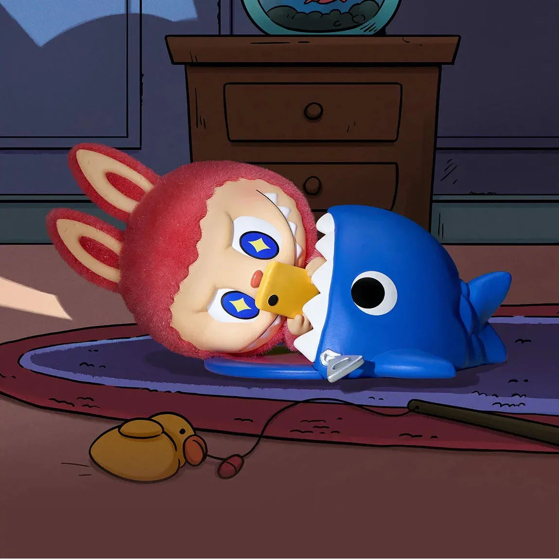 LABUBU Cartoon characters in sleeping bags PLAYING CELLPHONE in the background