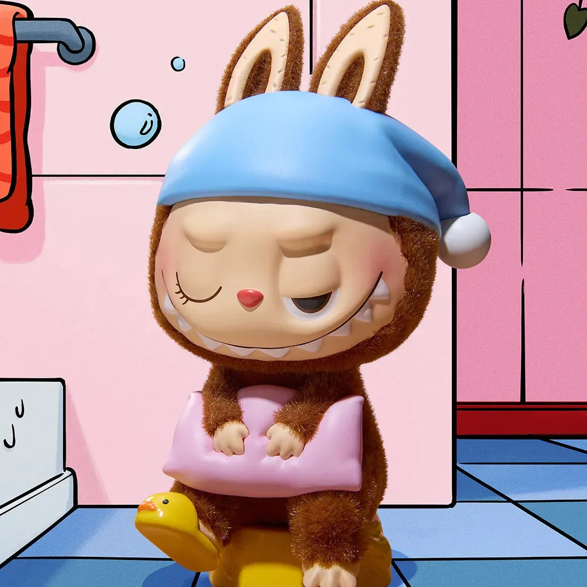 labubu  in a bathrobe and nightcap sitting on a toilet in a bathroom.
