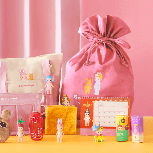 Sonny Angel Happy Bag 2026 with various items on a pink background