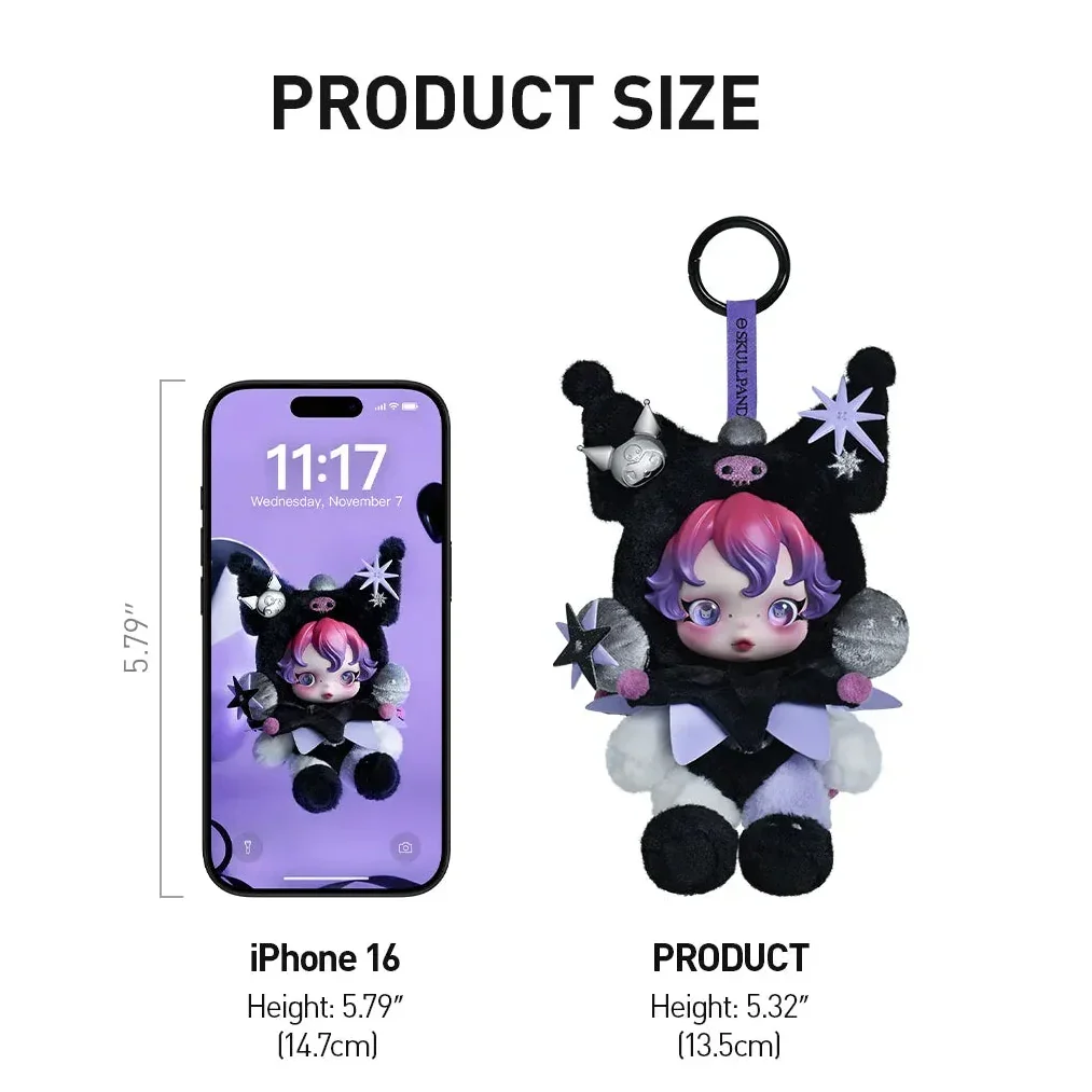 Product information card for a Skullpanda x Kuromi plush toy with dimensions and material details.