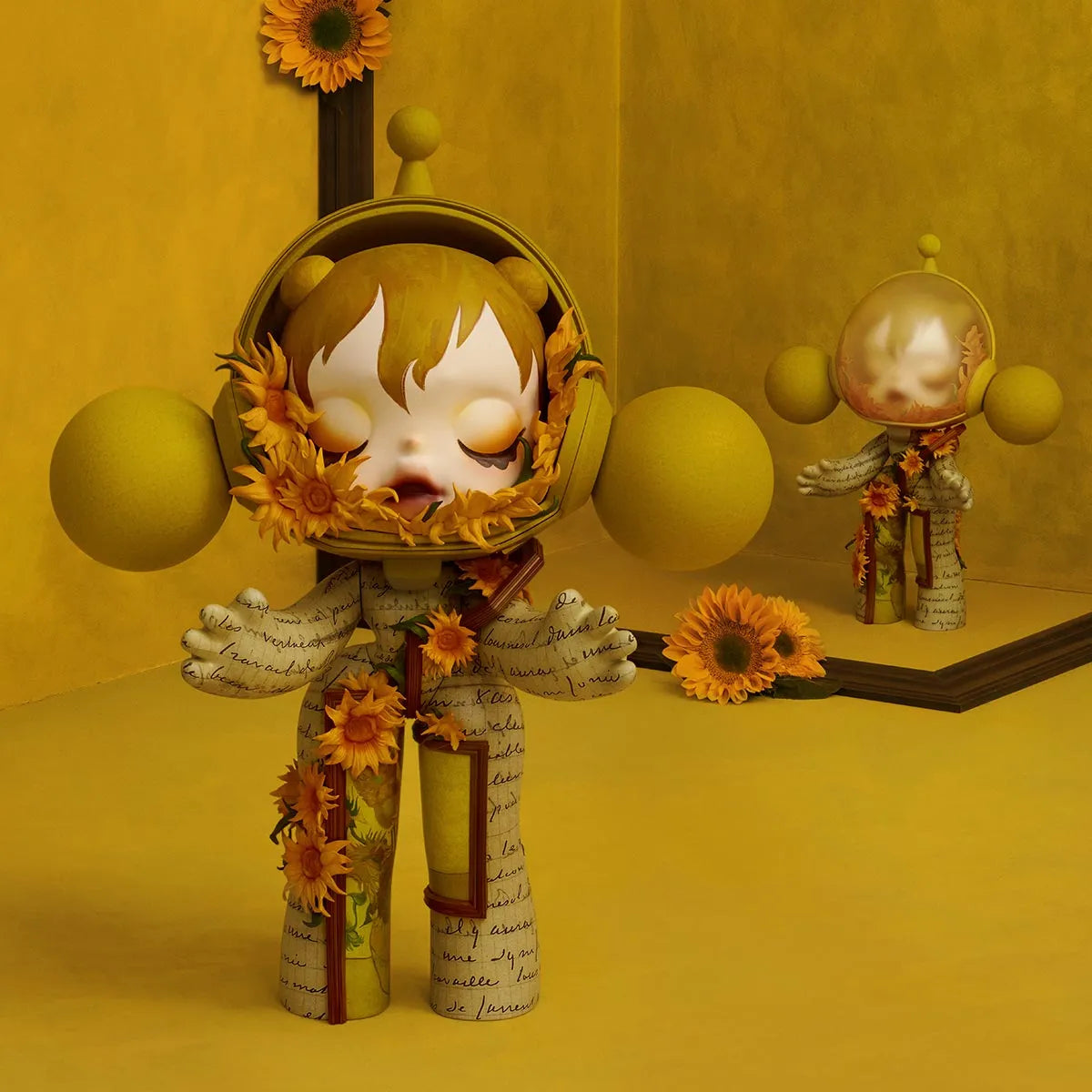 MEGA Alpha SKULLPANDA 400% Van Gogh Museum Sunflowers art figure in sunflower display