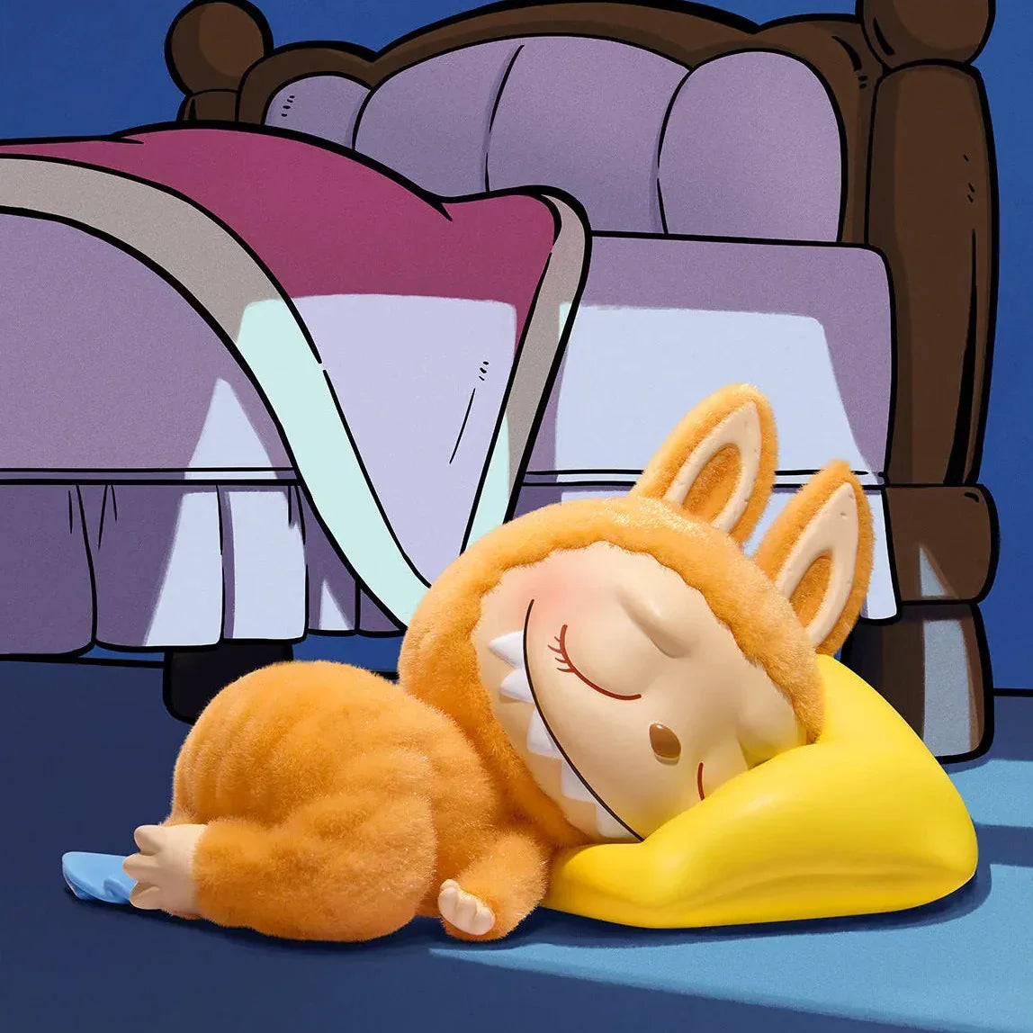 labubu sleeping on a pillow with a nightstand in the background