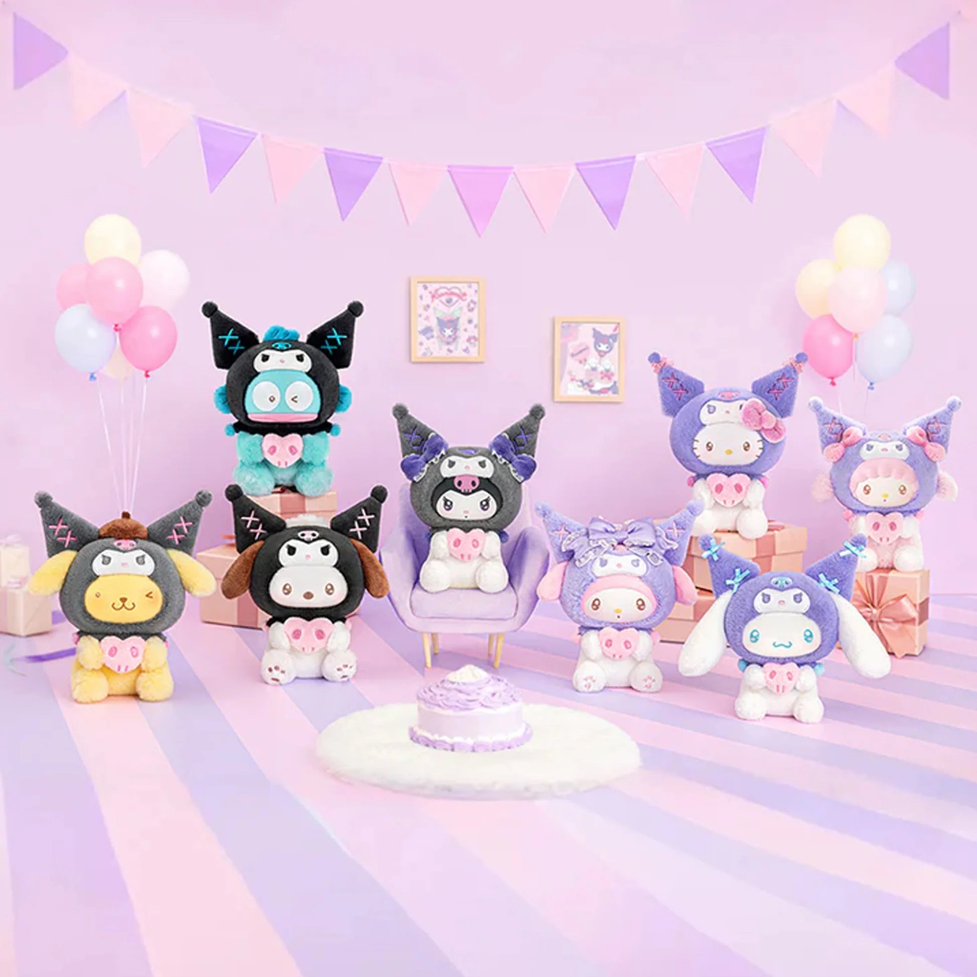 Colorful plush toys with party hats on a pastel pink background with balloons and flags.