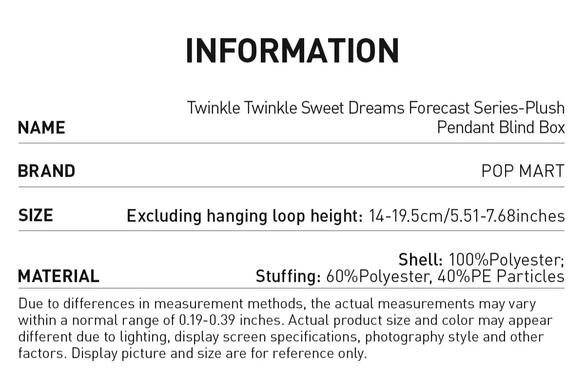 Product information card for a Pop Mart plush pendant blind box with details on name, brand, size, and material.