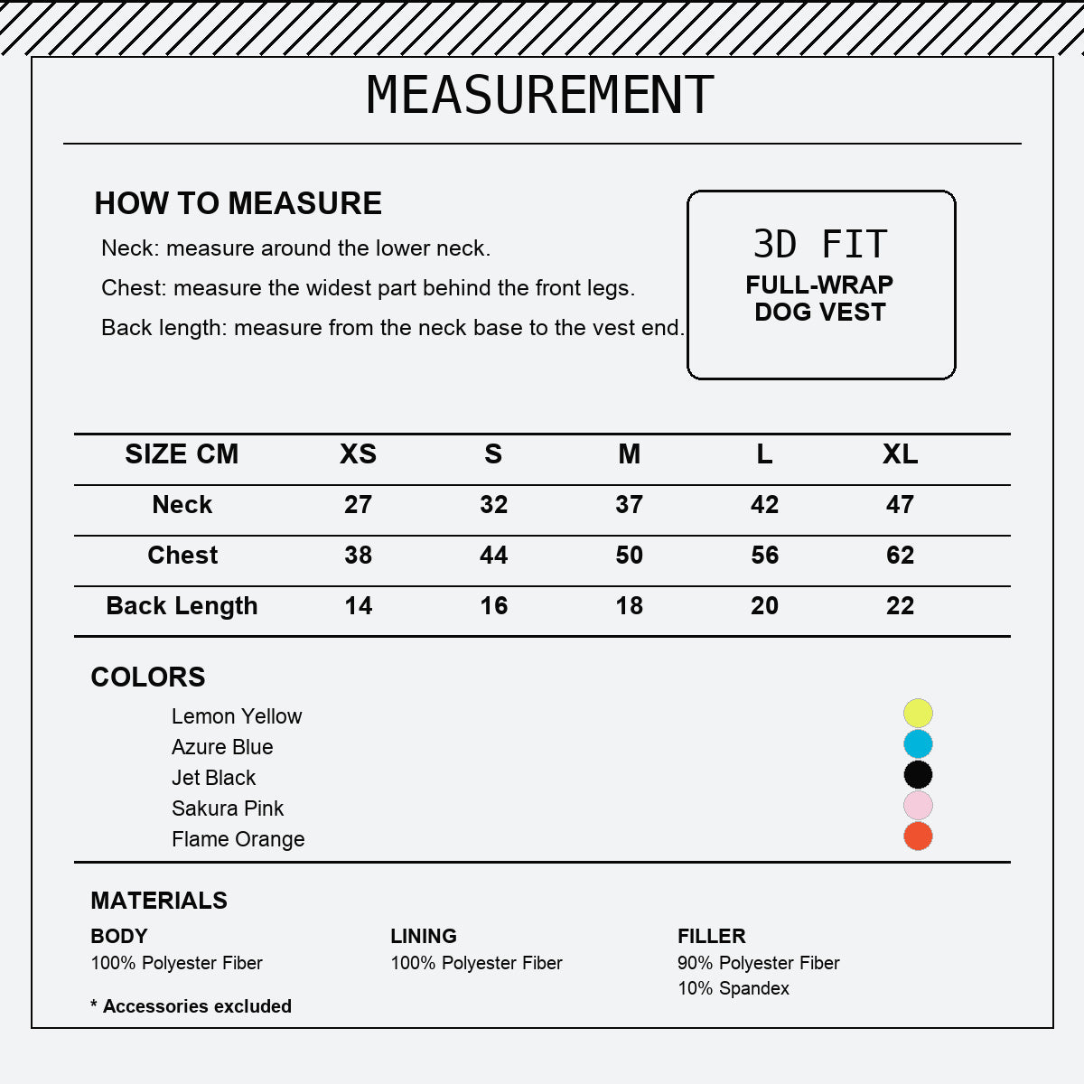 Wooang Shield-01 dog harness English measurement chart sizes XS to XL colors and materials