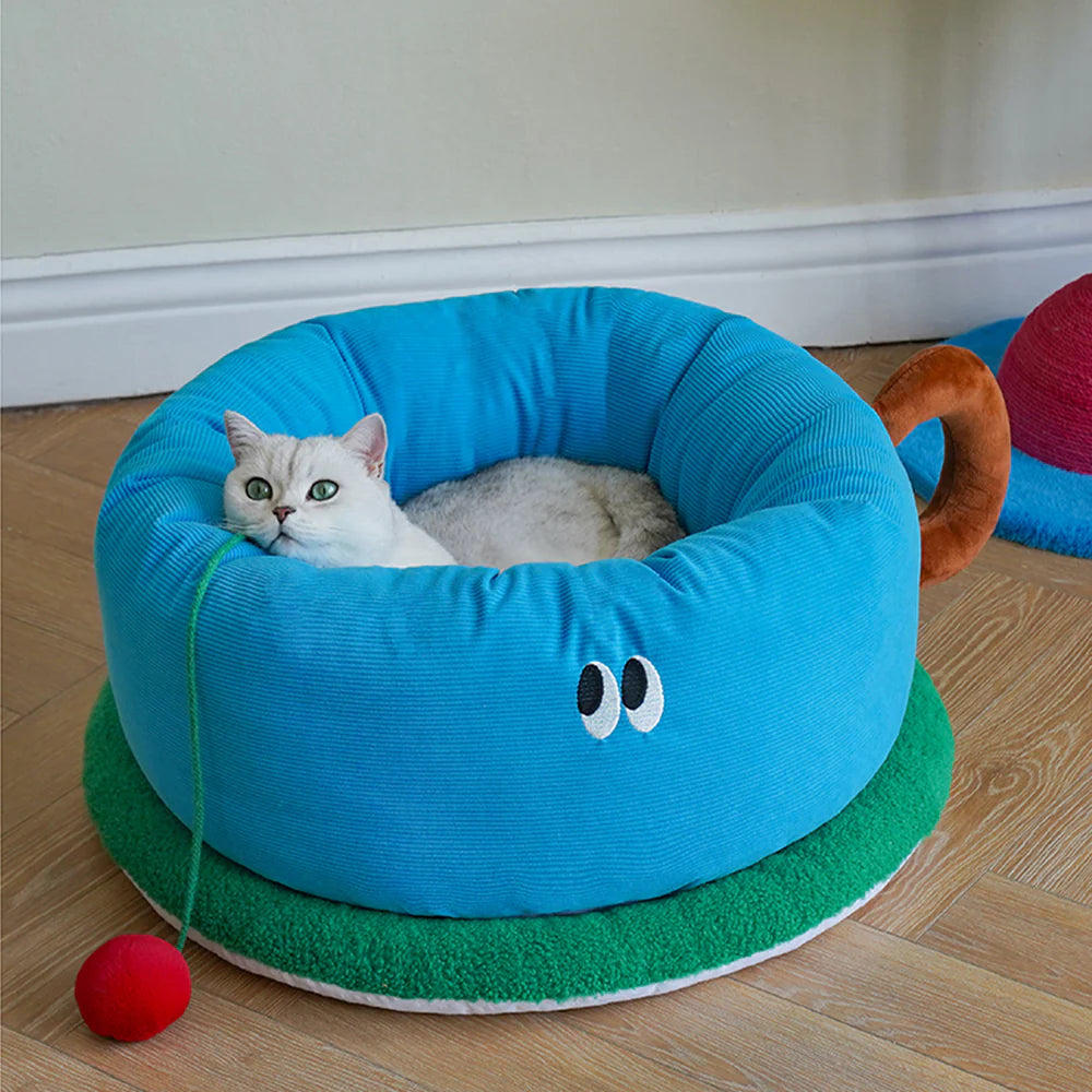 Zeze Blue Tea Cup Pet Bed,26 inch Large Cat Beds for Indoor Cats and Puppy,Gift For Small Dogs and Cats, Round - ri-son