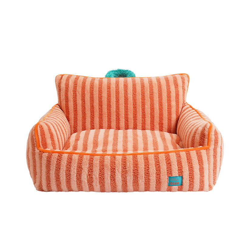 Zeze Striped  Orange Warm Cat Bed All-Season Washable Cute Pet Sofa - ri-son