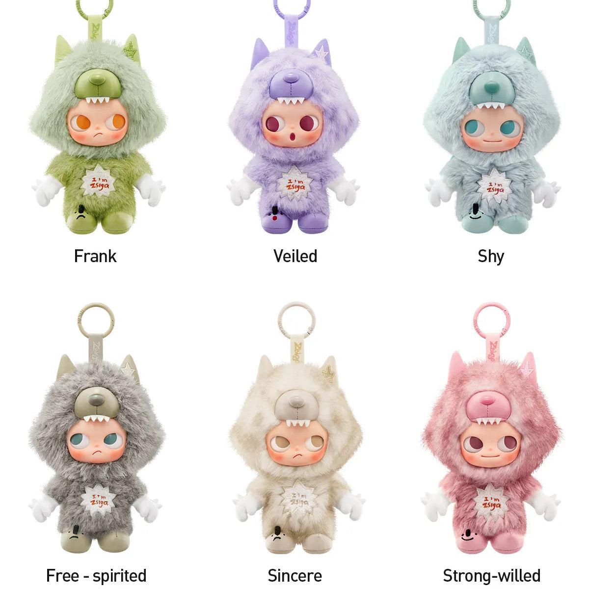 Set of six colorful plush keychains with different designs on a white background.